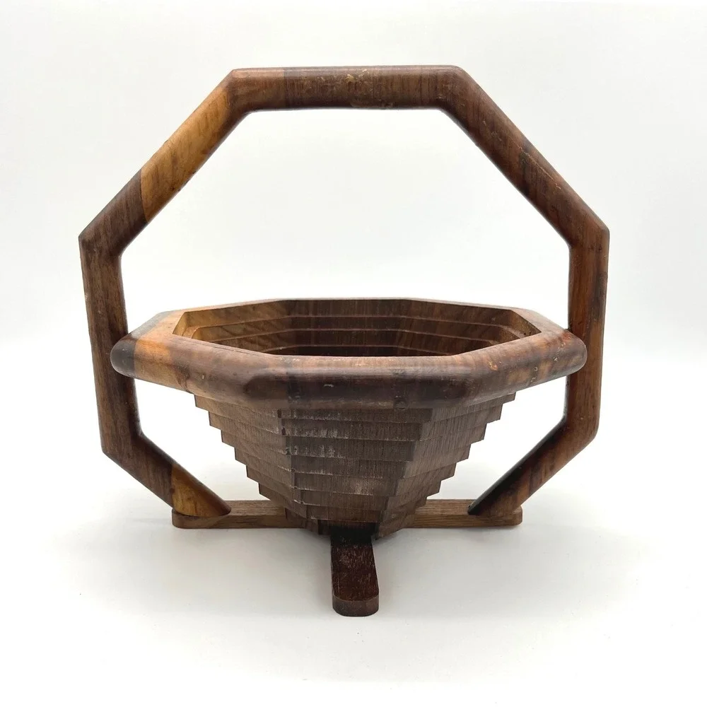Vintage Wooden Accordion Fruit Basket Hexagonal Foldable Serving‎ Tray Handle
